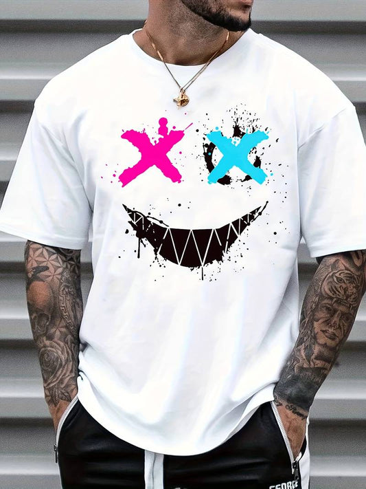 Cross Eyes Smile Face Print, Men's Graphic T-shirt, Casual Comfy Tees Tshirts For Summer, Men's Clothing Tops