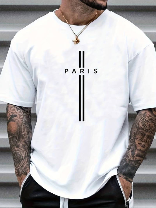 Paris Print, Men's Graphic Design Crew Neck T-shirt, Casual Comfy Tees Tshirts For Summer, Men's Clothing Tops For Daily Vacation Resorts