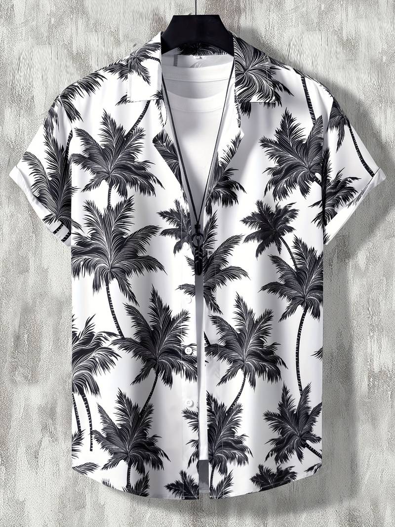 Coconut Tree Full Body Print, Men's Button Up Trendy Comfy Short Sleeve Shirt For Summer, Hawaiian Shirt For Beach Vacation, Mens Clothing