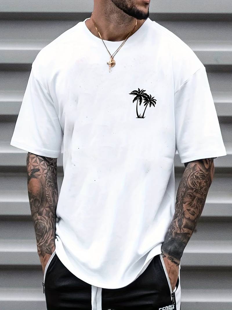 Sketch Style Palm Tree Pattern Top Casual Mid Stretch Short Sleeve Crew Neck Graphic T-shirt, Men's Tee For Summer Outdoor