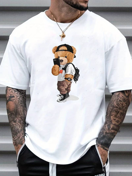 Cartoon Teddy Bear Print, Men's Graphic Design Crew Neck T-shirt, Casual Comfy Tees Tshirts For Summer, Men's Clothing Tops For Daily Vacation Resorts