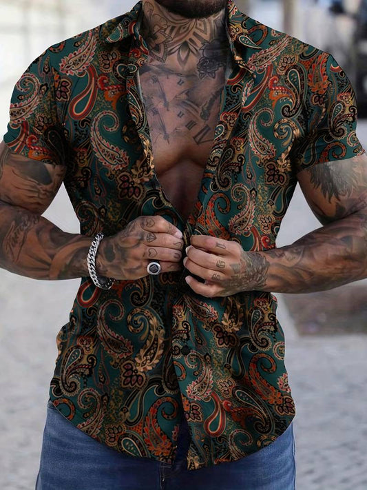 Retro Style Flower Full Pattern, Men's Button Up Short Sleeve Shirt, Retro Trendy Tops For Summer, Mens Clothing