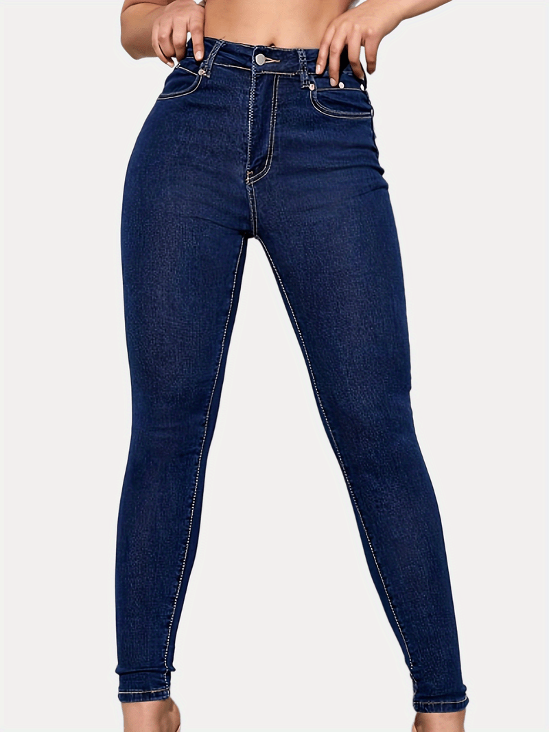 Deep Blue Stretchy High Waist Denim Pants, Slash Pocket Sexy Classic Skinny Jeans, Women's Denim Jeans & Clothing