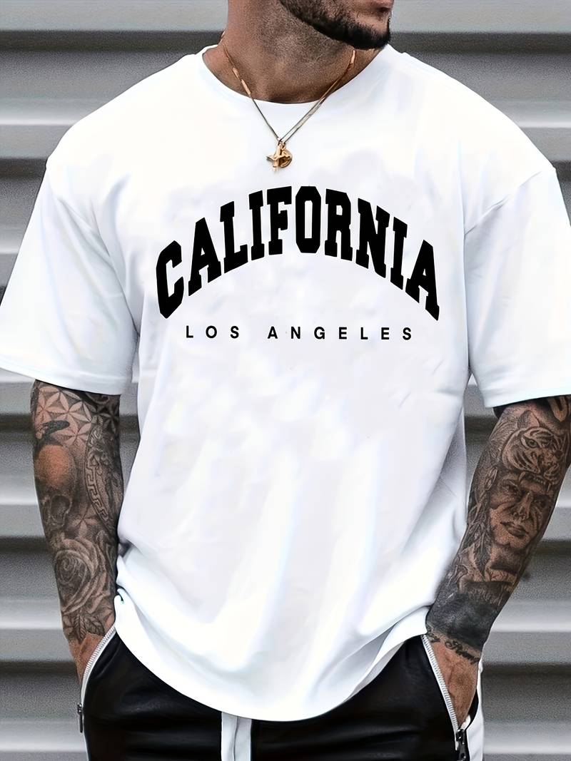 Men's Casual Trendy California Graphic Print Comfortable Crew Neck Short Sleeve T-shirts, Summer Top Tees