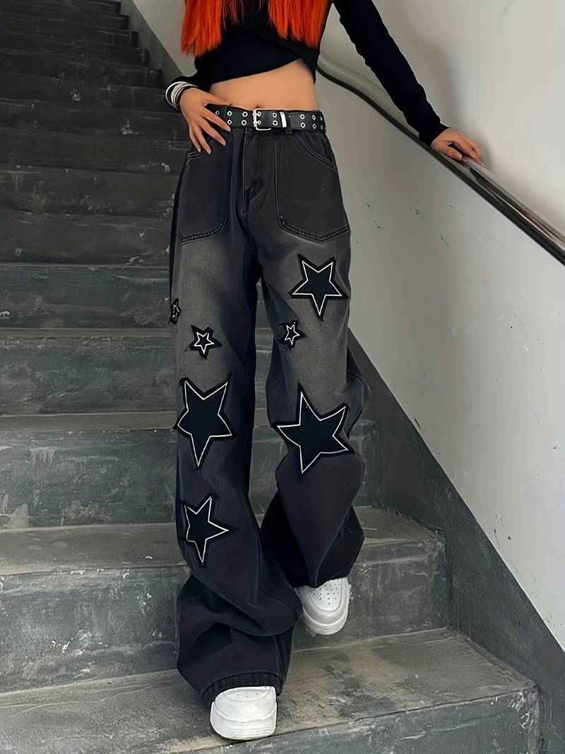 Star Patch Baggy Loose Boyfriend Jeans, Dark Wash Zipper Button Closure Slash Pocket Wide Leg Denim Pants, Street Y2k Style, Women's Denim Jeans & Clothing