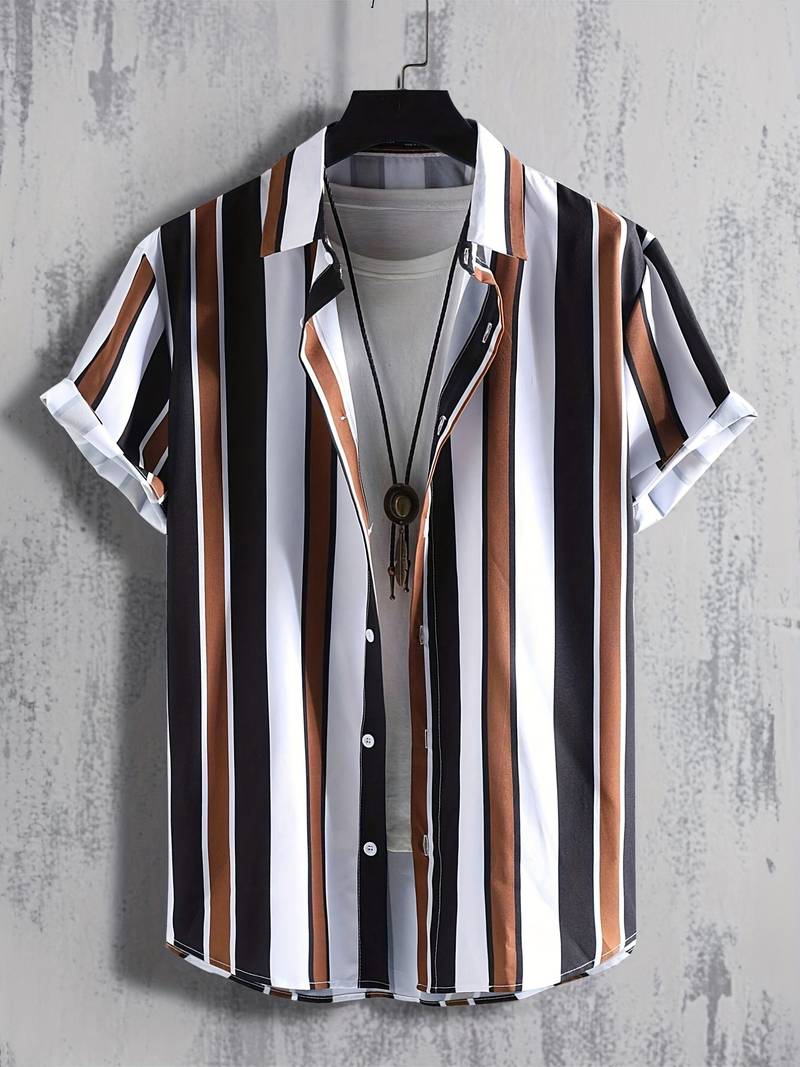 Trendy Stripe Print Men's Casual Short Sleeve Shirt, Men's Shirt For Summer Vacation Resort, Tops For Men