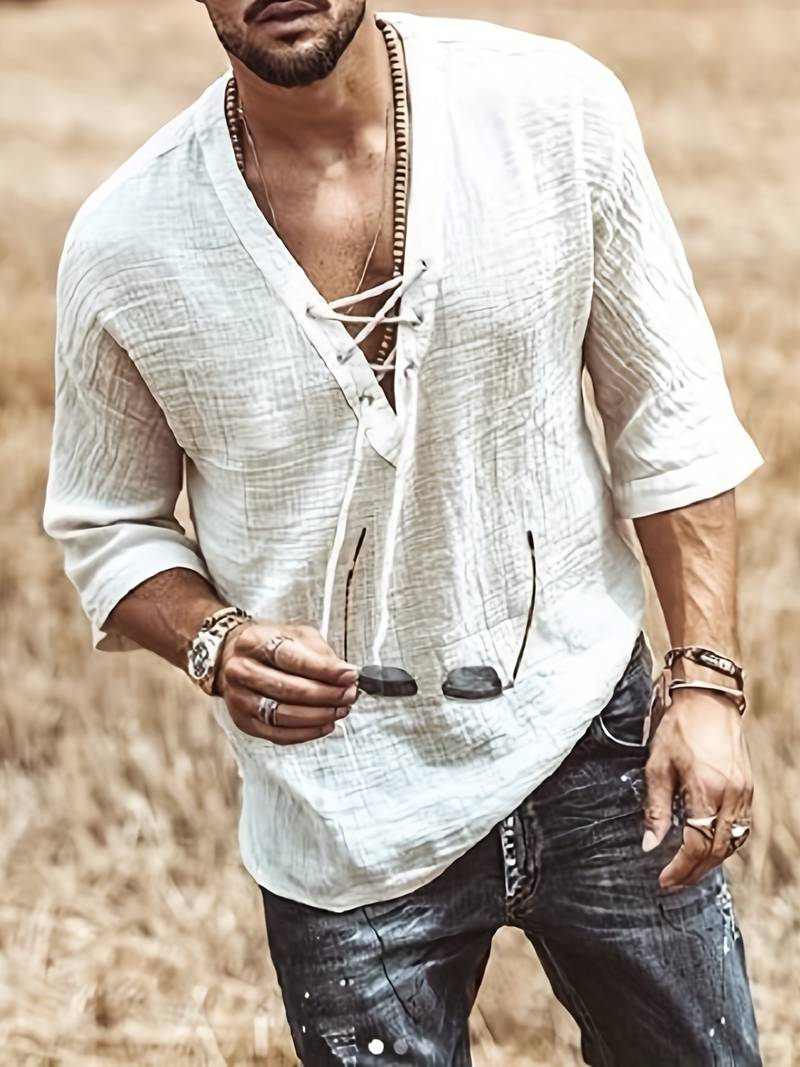 Men's Retro Shirt Top V Neck Lace Up Collar Middle Sleeves Closure Regular Fit Male Casual Shirt For Daily Beach Resorts Summer